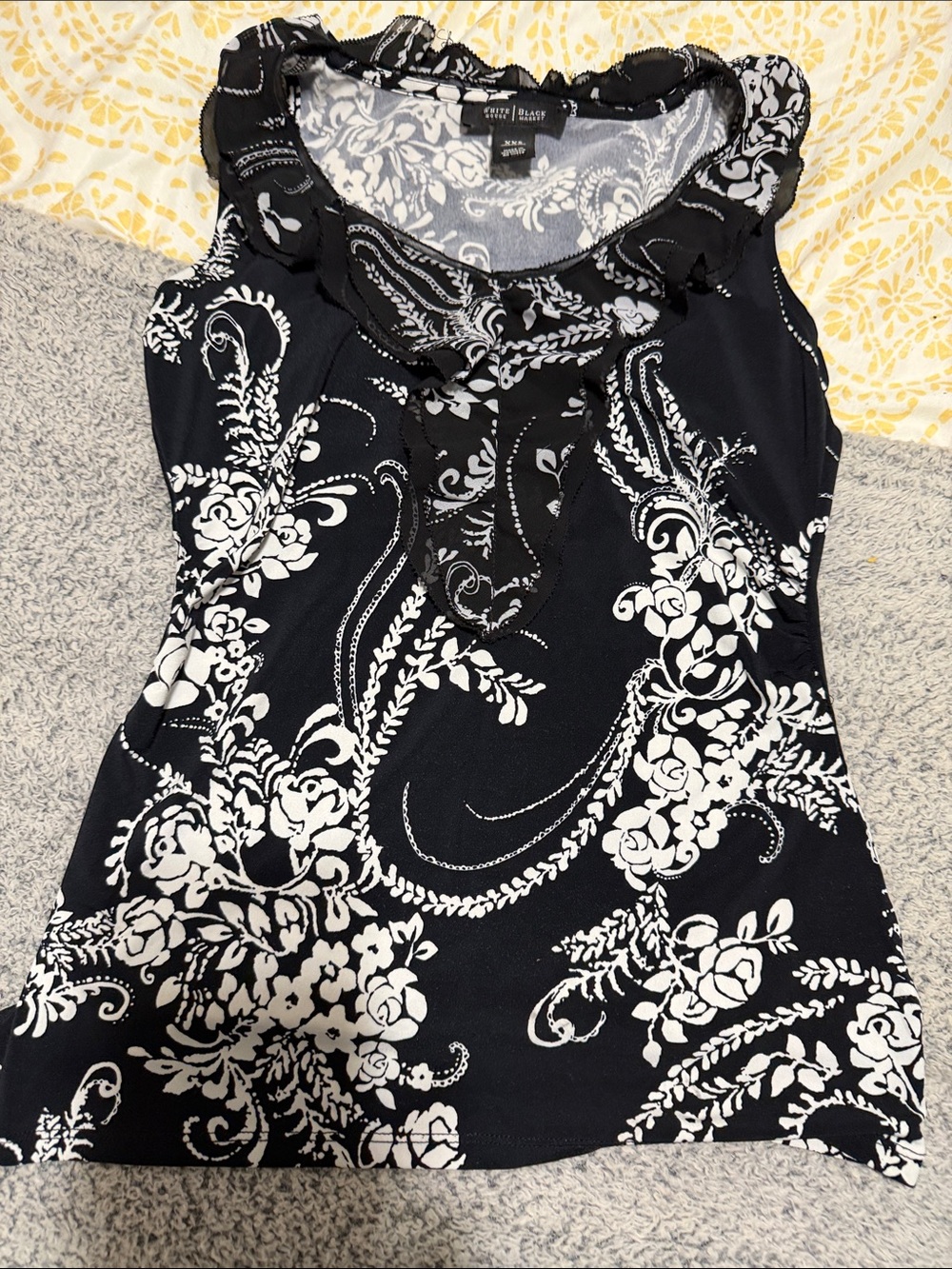 White House Black Market Black and White Floral Ruffle-Neck Camisole